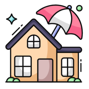 Ubezpieczenia nieruchomości - dom, który ma na dachu rozłożony parasol symbolizujący ochronę ubezpieczeniową.