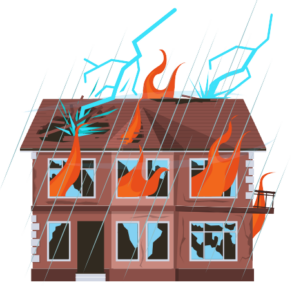 Ubezpieczenia nieruchomości - płonący i zalany dom.